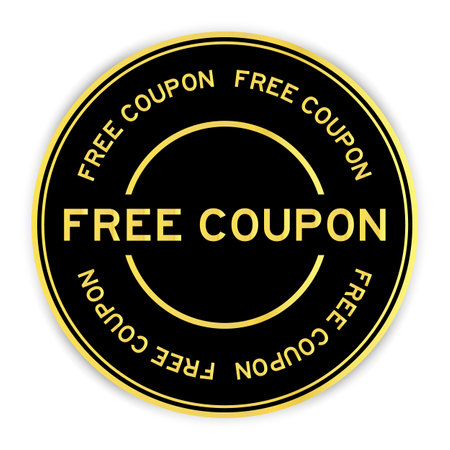 Black and gold color round label sticker with word free coupon on white backgroundのイラスト素材