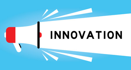 Color megaphone icon with word innovation in white banner on blue backgroundのイラスト素材