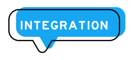 Speech banner and blue shade with word integration on white backgroundのイラスト素材