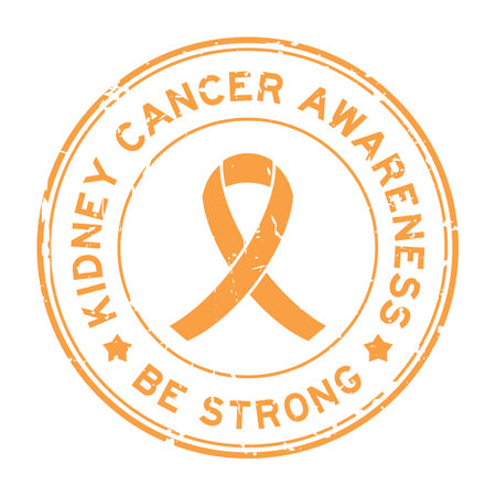 Grunge orange kidney cancer awareness be strong word with ribbon banner as round seal stamp on white backgroundのイラスト素材