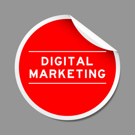 Red color peel sticker label with word digital marketing on gray backgroundのイラスト素材