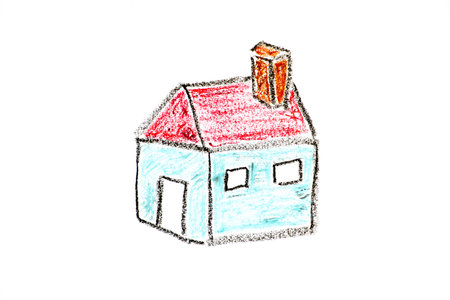 Color oil pastel hand drawing in home or house shape on white paper backgroundの写真素材