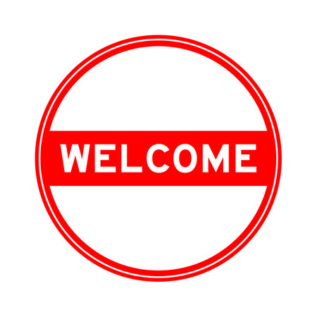 Red color round seal sticker in word welcome on white backgroundのイラスト素材