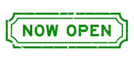 Grunge green now open word rubber seal stamp on white backgroundのイラスト素材