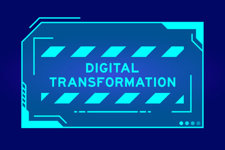 Blue color of futuristic hud banner that have word digital transformation on user interface screen on black backgroundのイラスト素材