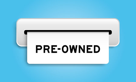 White coupon banner with word pre-owned from machine on blue color background