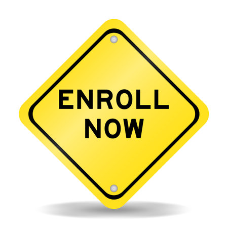 Yellow color transportation sign with word enroll now on white backgroundのイラスト素材