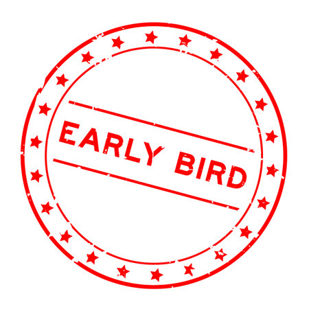 Grunge red early bird word round rubber seal stamp on white backgroundのイラスト素材