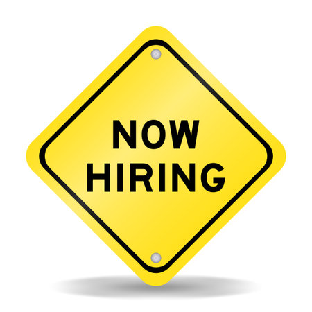 Yellow color transportation sign with word now hiring on white backgroundのイラスト素材