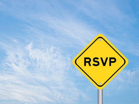 Yellow transportation sign with word RSVP (Abbreviation of French word rÃ©pondez s'il vous plaÃ®t) on blue color sky backgroundの写真素材