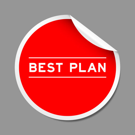 Red color peel sticker label with word best plan on gray backgroundのイラスト素材