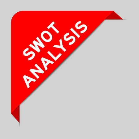 Red color of corner label banner with word SWOT (abbreviation of strength, weakness, opportunities, threats) analysis on gray backgroundのイラスト素材