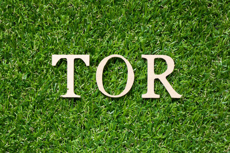 Wood alphabet letter in word TOR (abbreviation of terms of reference) on artificial green grass backgroundの写真素材