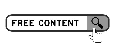 Search banner in word free content with hand over magnifier icon on white background