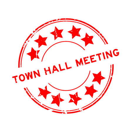 Grunge red town hall meeting word with star icon round rubber seal stamp on white backgroundのイラスト素材