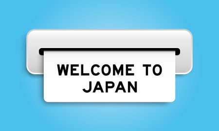 White coupon banner with word welcome to japan from machine on blue color backgroundのイラスト素材