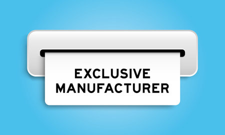 White coupon banner with word exclusive manufacturer from machine on blue color background