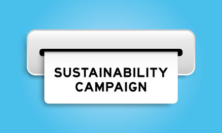 White coupon banner with word sustainability campaign from machine on blue color background