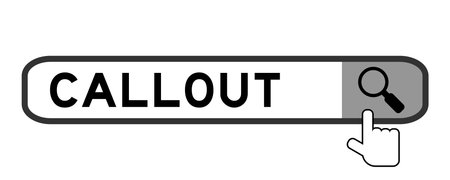 Search banner in word callout with hand over magnifier icon on white background