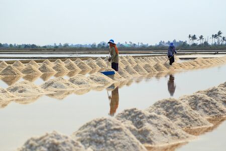 PHETCHABURI, THAILAND - MARCH 13, 2015 : Salt farming career in Phetchaburi ,Thailandのeditorial素材