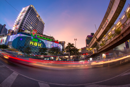 MBK shopping mall at BTS National Stadium station at night.のeditorial素材