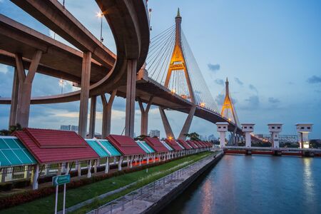 SAMUTPRAKARN,THAILA ND - NOVEMBER 1, 2014 : Bhumibol Bridge in Thailand, also known as the Industrial Ring Road Bridge, in Thailand. The bridge crosses the Chao Phraya River twice.のeditorial素材
