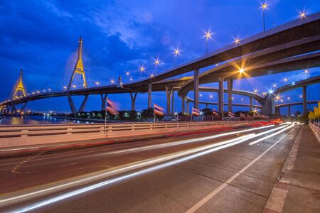 Bhumibol Bridge in Thailand, also known as the Industrial Ring Road Bridge, in Thailand. The bridge crosses the Chao Phraya River twice.のeditorial素材