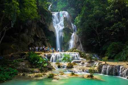 LUANG PRABANG, LAOS - MAR 15, 2014: The Kuang Si Falls on Mar 15, 2014, in Luang Prabang, Laos. The falls begin in shallow pools atop a steep hillside.のeditorial素材
