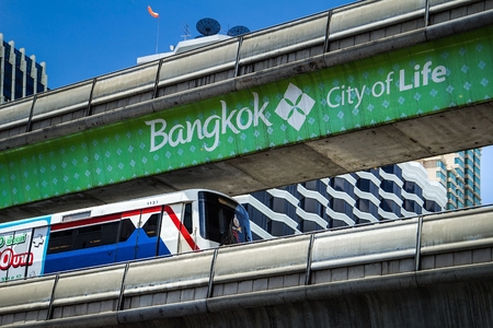 BTS Skytrain on elevated rails in the city centreのeditorial素材