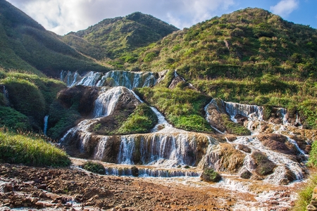 Waterfall in jiufen old street in Taiwanの写真素材