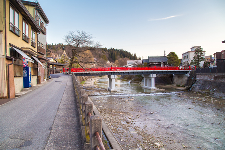 TAKAYAMA, JAPAN - MARCH 25, 2016 : Landmark of Takayama, red bridge taken March 25, 2016. Takayama is old town which is register as world heritage site.のeditorial素材