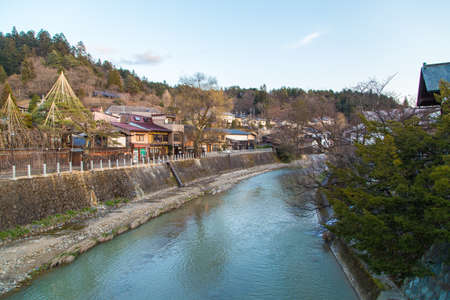 Landmark of Takayama, red bridge taken March 25, 2016. Takayama is old town which is register as...