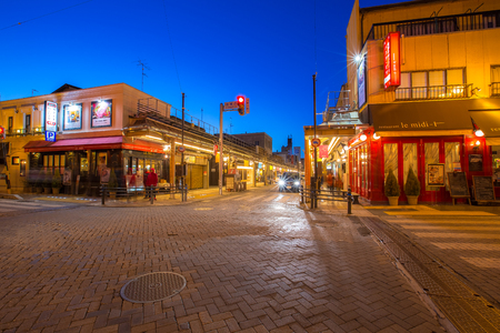 TAKAYAMA, JAPAN - MARCH 25, 2016 : Street in Takayama old town. With traffic sign on March 25, 2016 in Takayama, Japan.のeditorial素材