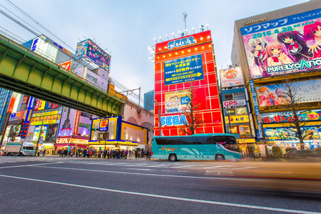 TOKYO - MARCH 29: Akihabara district on March 29, 2016 in Tokyo, JP. The district is a major shopping area for electronic, computer, anime, games and otaku goods.のeditorial素材
