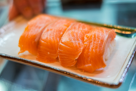 Fresh japanese salmon sushi at Kyoto , Japanの写真素材
