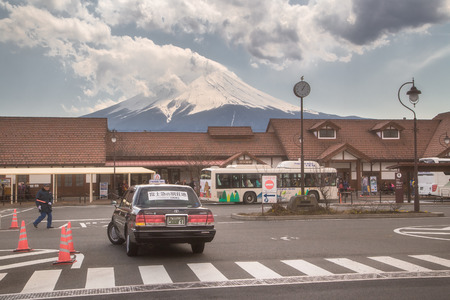 FUJIKAWAGUCHIKO, JAPAN - MARCH 27, 2016 : Carnergie model 1897 train displayed in front of Kawaguchiko Station. The station is famous for scenery of Mt. Fuji.のeditorial素材