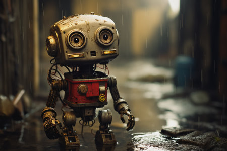 Vintage robot toy in the rain. Selective focus. Toned.の素材