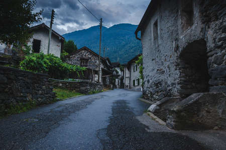 Street in the medieval village Gordevio, Switzerlandの写真素材