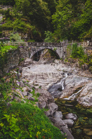 Small medieval stone bridge. Gordevio, Switzerland.の写真素材