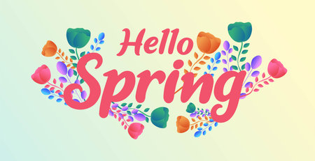 Hello spring web banner greeting card background. Spring season background with colorful flowers and...