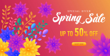 Spring sale web banner greeting card background. Super sale spring season background with colorful flowers. Spring special offer with bloom flowers for the holiday seasonのイラスト素材