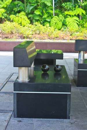 black stone bench with stone balls  .の写真素材
