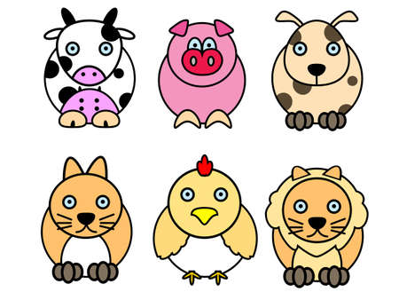 set of cute animal cartoons (cow, pig, dog, cat, chicken, lion)の写真素材