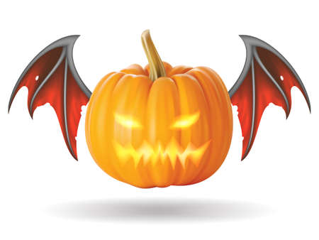 Halloween pumpkin with scary face on  whiteの写真素材