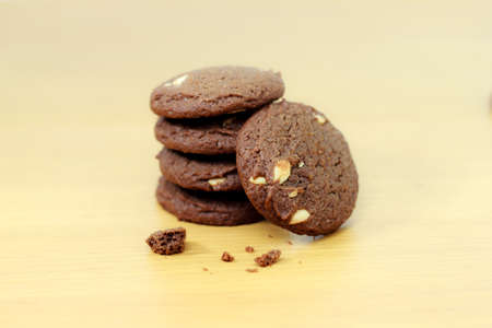 Stack of Chocolate chip cookies on wooden backgroundの写真素材