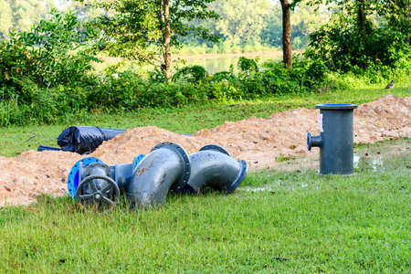 Blue iron pipes on the construction siteの写真素材