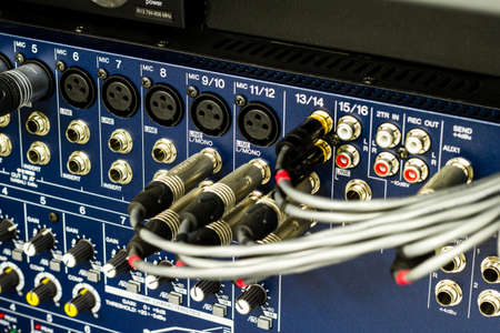 Audio connectors on a sound mixer panelの写真素材