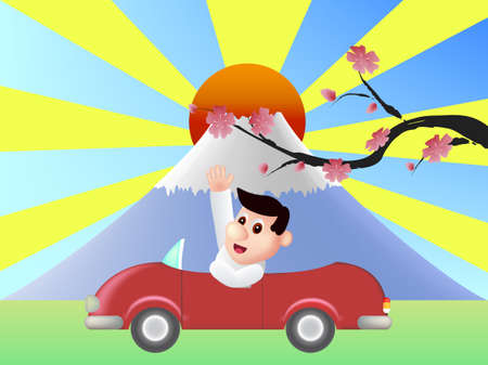 Red car in front of Fuji mountain with big red sunのイラスト素材