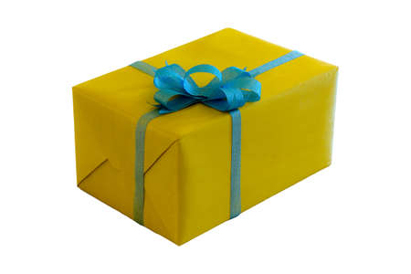 Yellow Gift Box with the Blue Ribbonの写真素材