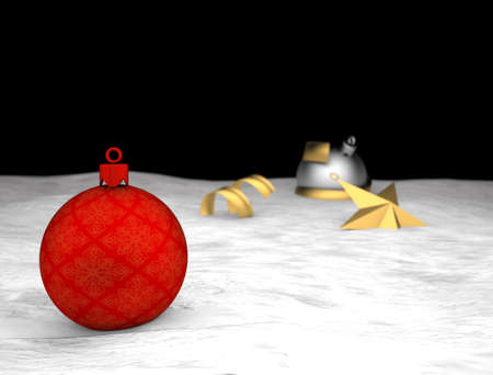 Christmas background with a red ornament, golden star in snowの写真素材
